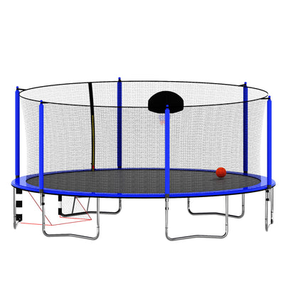 16Ft Trampoline With Basketball Hoop Pump And Ladder (Inner Safety Enclosure) With Soccer Goal - Blue