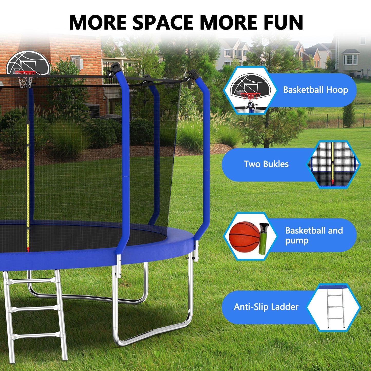 168.11" Trampoline With Basketball Hoop, Astm Approved Reinforced Type Outdoor Trampoline With Enclosure Net - Blue