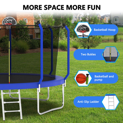 168.11" Trampoline With Basketball Hoop, Astm Approved Reinforced Type Outdoor Trampoline With Enclosure Net - Blue