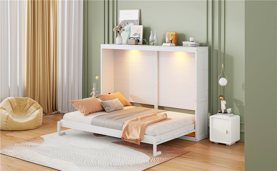 Queen Size Murphy Wall Bed Modern Design With LED Lights - White