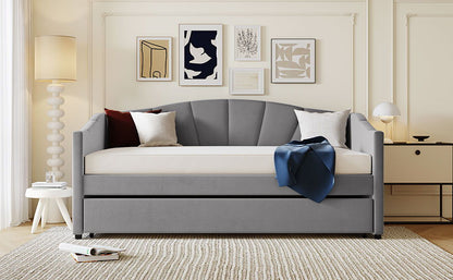 Twin Size Upholstered Daybed Sofa Bed With Trundle And Slat - Gray