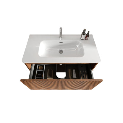 Etna - Striped Walnut Bathroom Vanity With Ceramic Sink, Wall Mounted Floating Bathroom Vanity For Modern Bathroom - Walnut / White