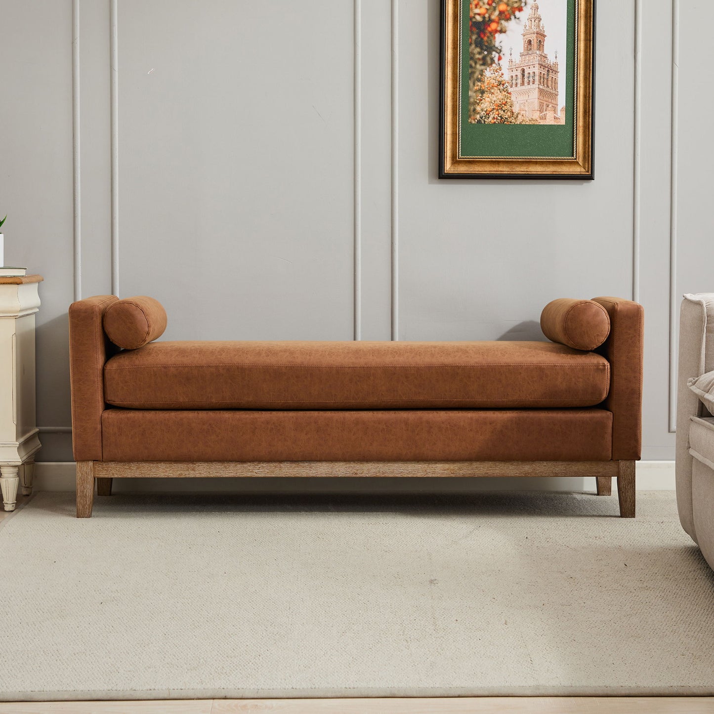 Elegant Upholstered Bench, Daybed, Ottoman With Wood Legs & 2 Bolster Pillows - Brown
