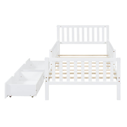 Twin Size Platform Bed With Guardrails On Both Sides And 2 Storage Drawers - White