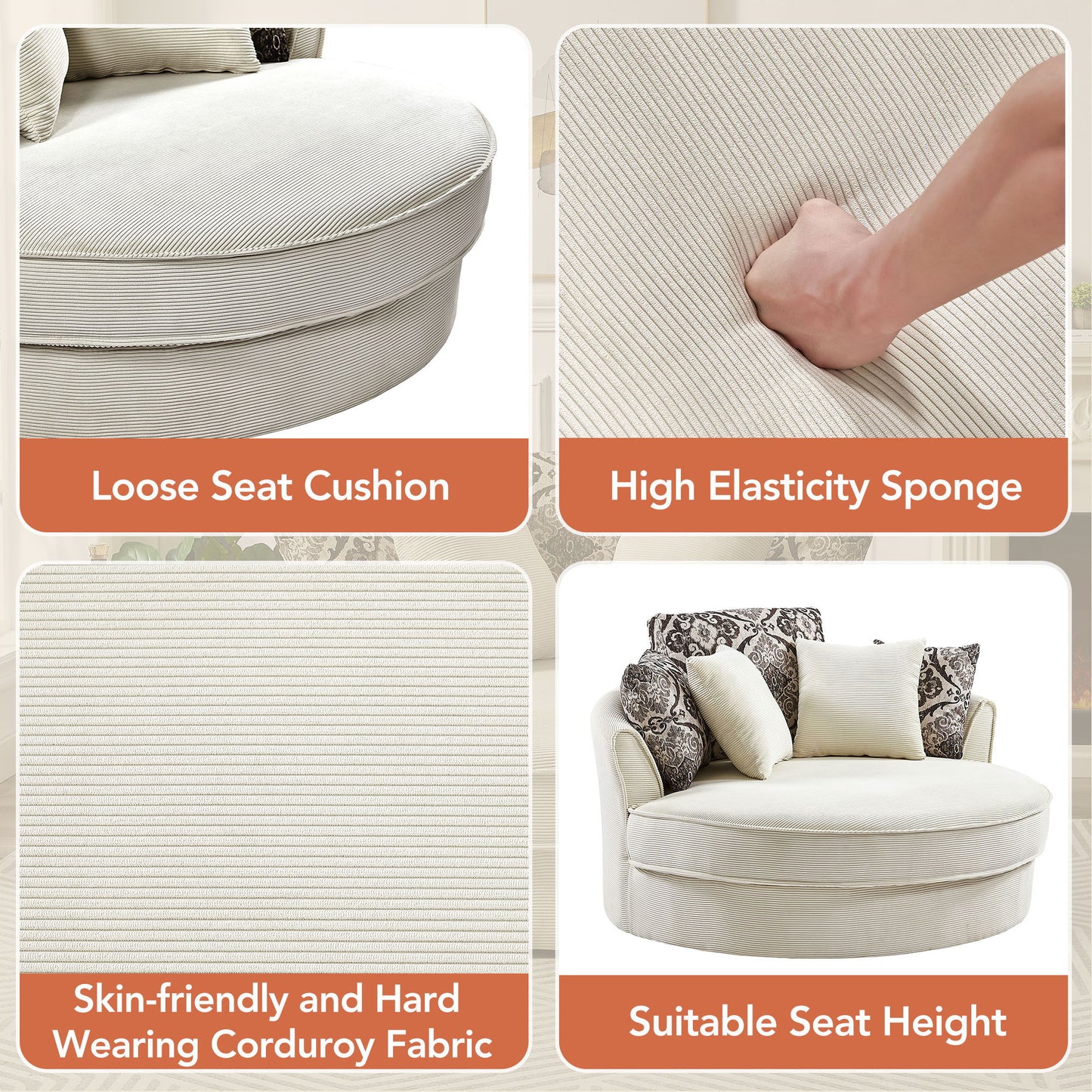 Swivel Accent Barrel Chair With 5 Movable Pillow 360 Degree Swivel Round Sofa Chair For Living Room, Bedroom, Hotel - Beige