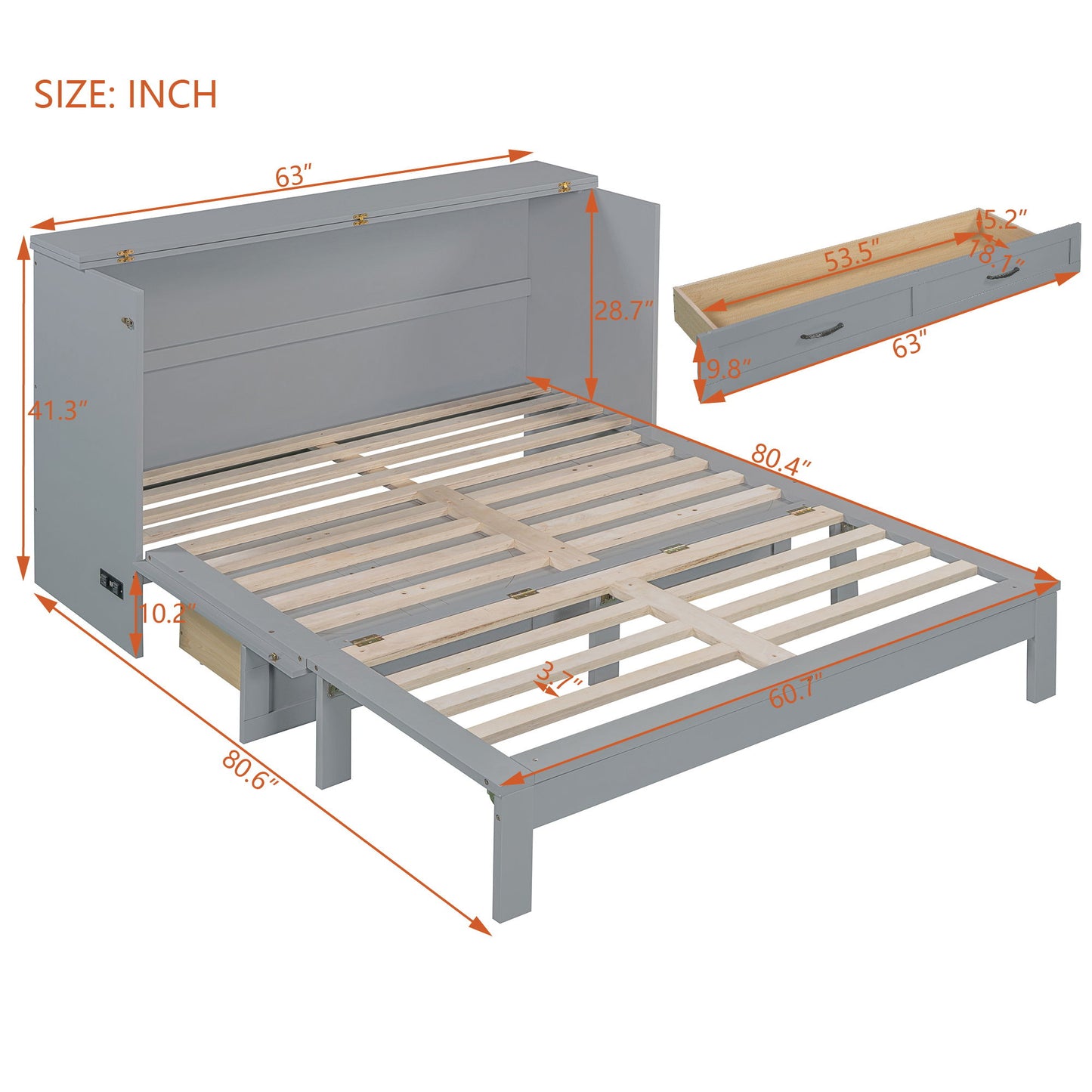 Queen Size Murphy Bed With Large Drawers - Gray