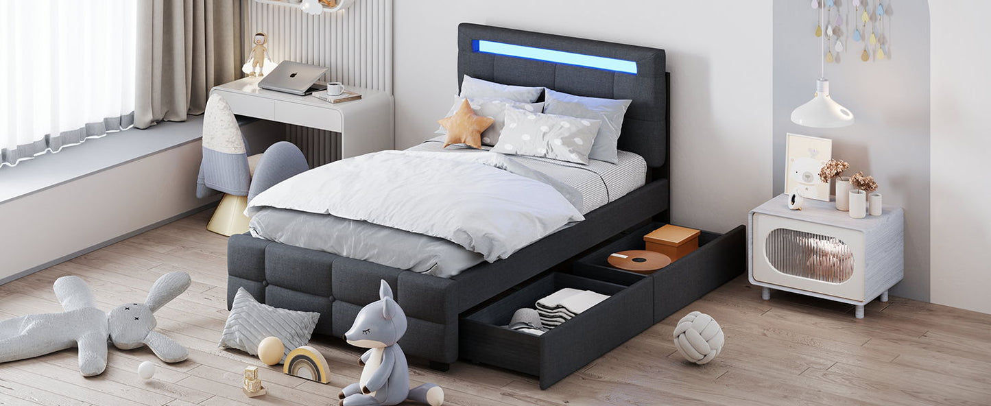 Twin Size Upholstered Platform Bed With LED Frame And 2 Drawers - Gray
