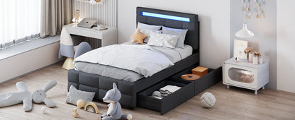 Twin Size Upholstered Platform Bed With LED Frame And 2 Drawers - Gray