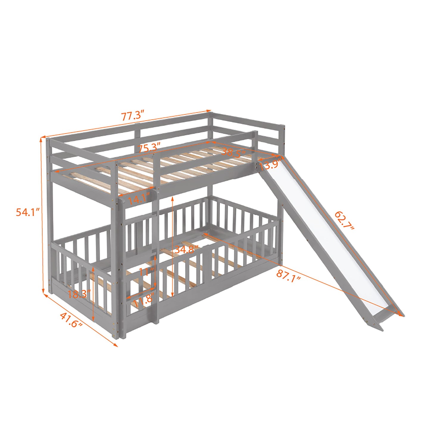 Twin Over Twin Classic Bunk Bed & Slide And Ladder - Gray