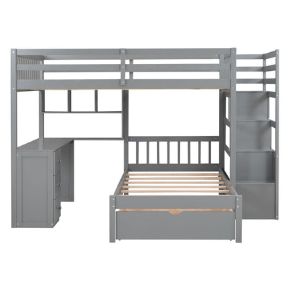 Full Over Twin Bunk Bed With Desk, Drawers And Shelves - Gray