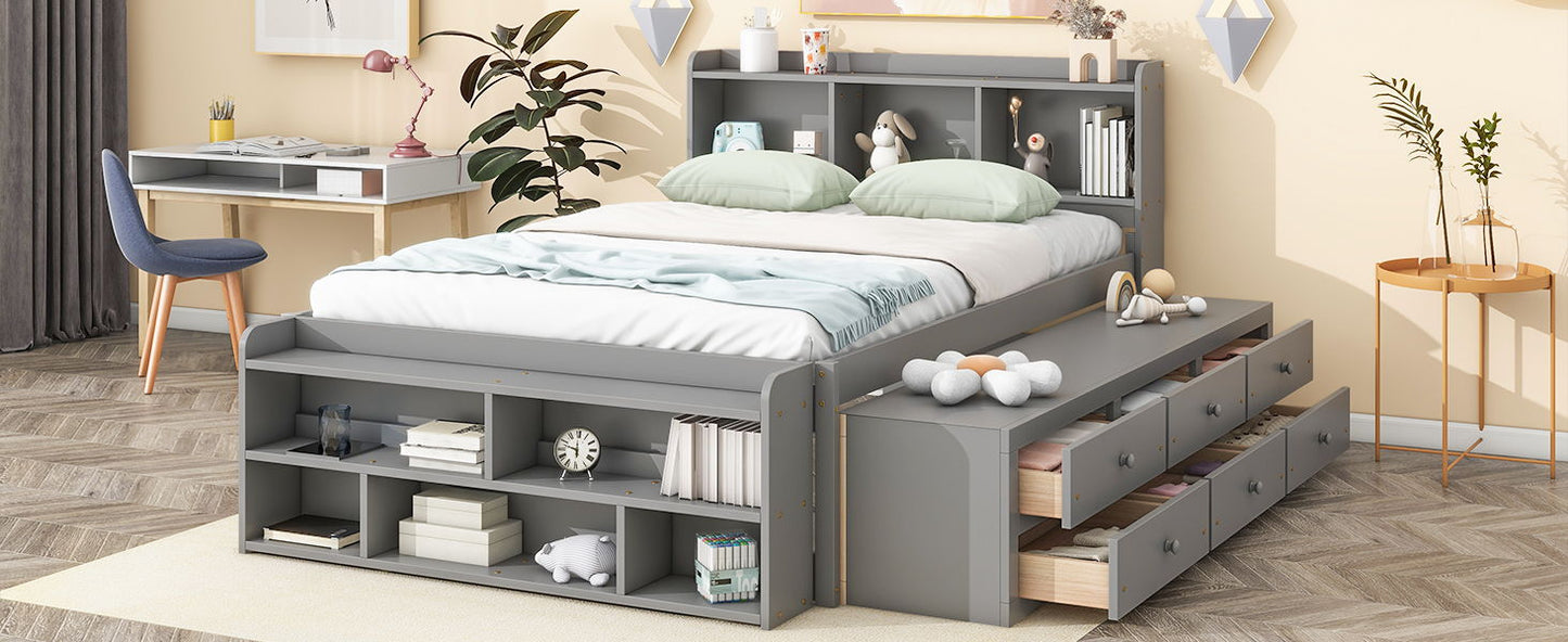 Full Bed With Bookcase Headboard, Under Bed Storage Drawers And Bed End Storage Case - Gray
