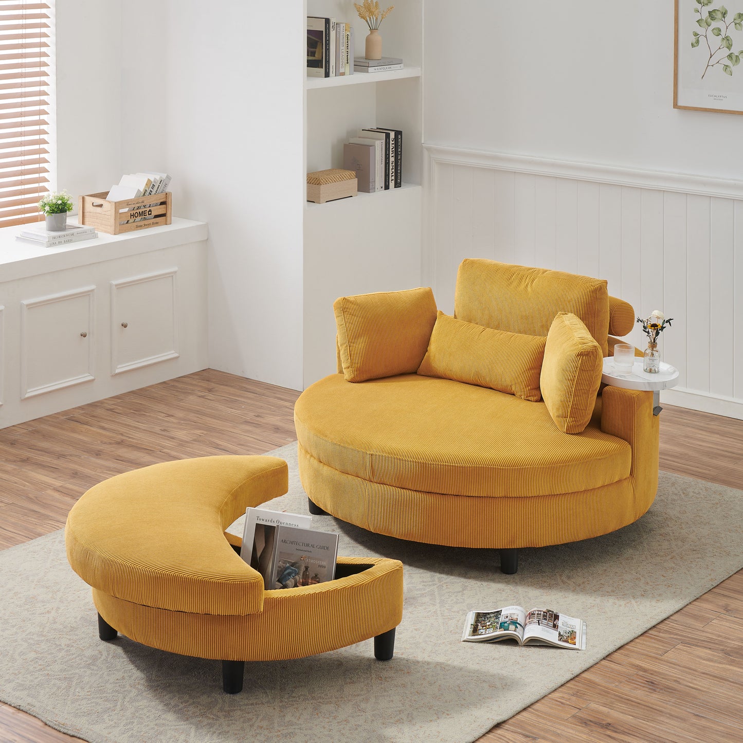 Corduroy Sofa With Two Throw Pillows And A Waist Pillow With An Extra Tray For Comfortable Seating Suitable For Small Apartment Bedroom Space - Yellow