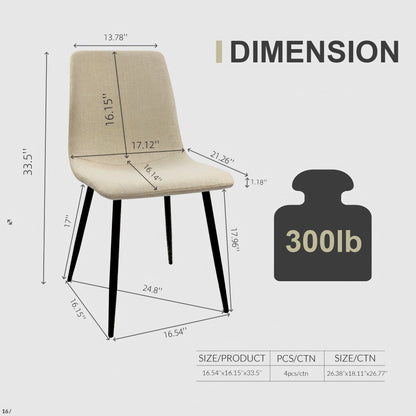 Modern Upholstered Dining Chairs (Set of 4) With Black Metal Legs And Linen Cushion Seat - Beige