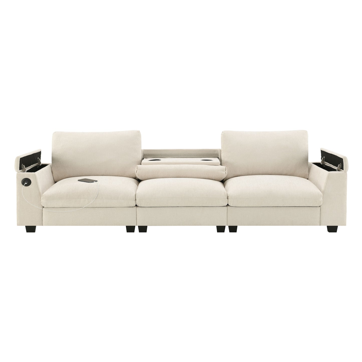 Sectional With Bluetooth Speaker Comfy Cloud Couch Set With Drop Down Table Cup Holders, USB Charger Storage Armrest Wide Seat Sofa - Beige