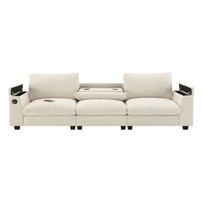 Sectional With Bluetooth Speaker Comfy Cloud Couch Set With Drop Down Table Cup Holders, USB Charger Storage Armrest Wide Seat Sofa - Beige