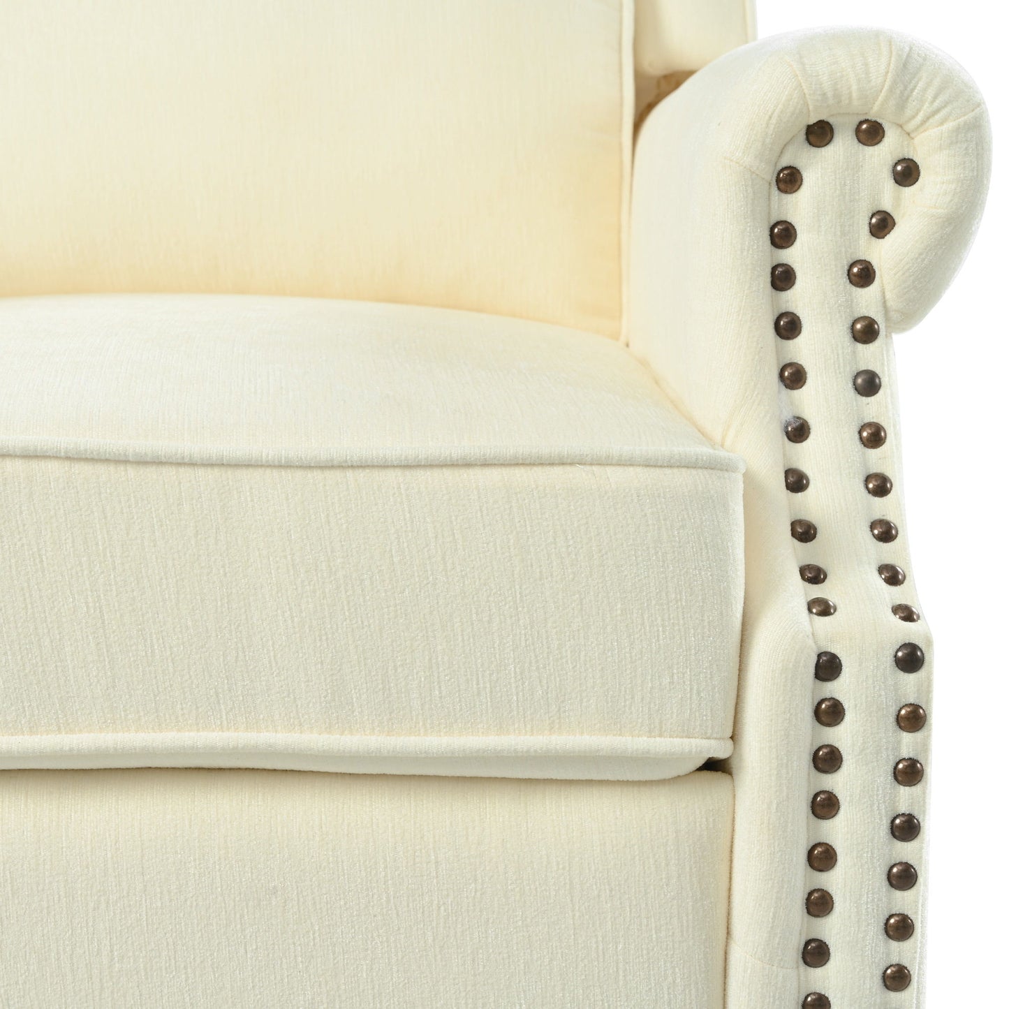 Push Back Recliner Chair Upholstered With Classic Wing Back And Solid Gourd-Shaped Legs For Living Room - Beige