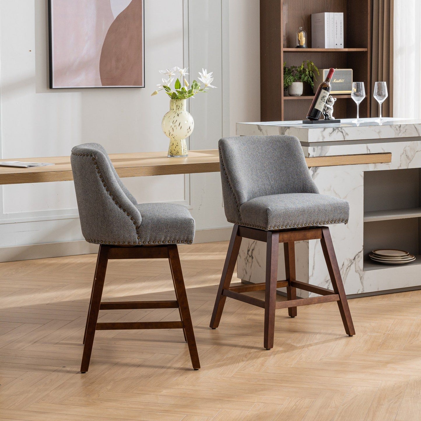 Counter Height Swivel Barstools, 26'' H Seat Height Upholstered Bar Stools (Set of 2), Fabric - Gray