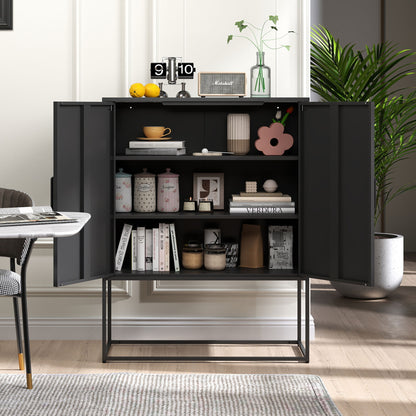 Heavy Duty Metal Buffet Sideboard Modern Steel Storage Cabinet With 2 Shelves, Free Standing Accent Cabinet With Magnetic Doors For Bedroom, Kitchen, And Home Office, Anti-Tip Design - Black