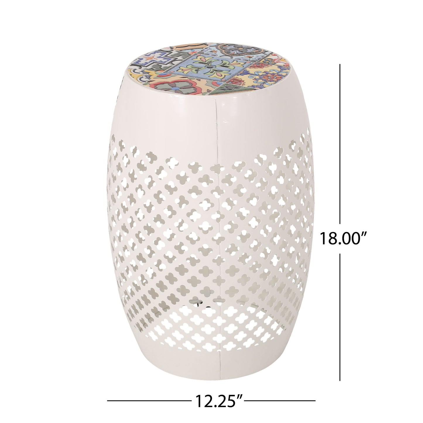 Transitional Roswell - Side Table With Tile Mosaic Top And Lace Cut Metal Frame - White