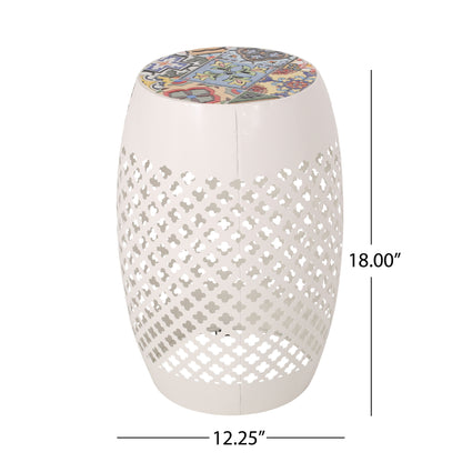 Transitional Roswell - Side Table With Tile Mosaic Top And Lace Cut Metal Frame - White