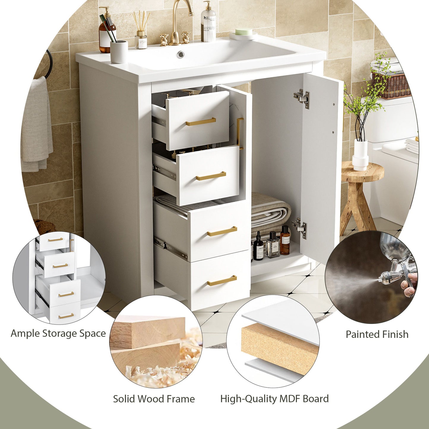 Bathroom Vanity With Ceramic Sink Combo, Frame Bathroom Storage Cabinet, Freestanding Vanity Set With 3 Drawers & Soft Closing Doors - White