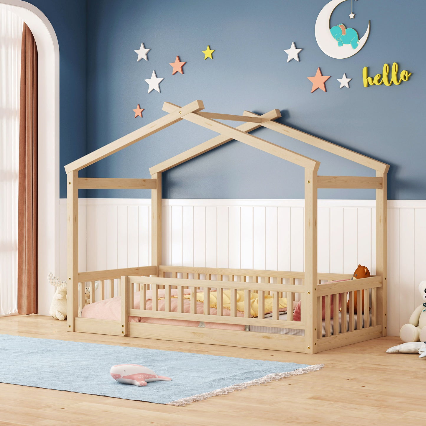 Twin Size Bed House Bed Frame With Fence - Natural
