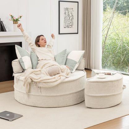 Modern Oversized Round Barrel Accent Chair With Ottoman Velvet Upholstered Lounge Armchair With 5 Pillows For Living Room Or Bedroom - Beige