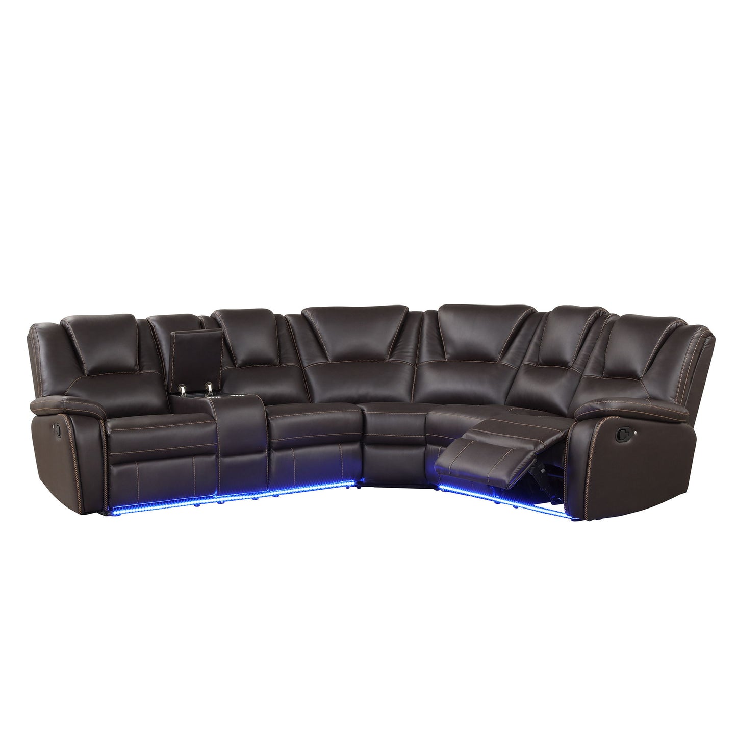 Modern Faux Leather Manual Reclining With Center Console And LED Light Strip, Living Room Furniture Set, Symmetrical Couch With 2 Cup Holders And Storage For Living Room - Brown