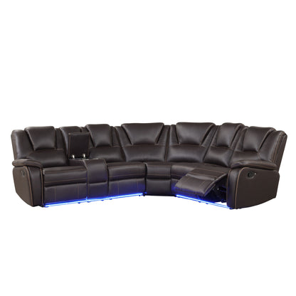 Modern Faux Leather Manual Reclining With Center Console And LED Light Strip, Living Room Furniture Set, Symmetrical Couch With 2 Cup Holders And Storage For Living Room - Brown