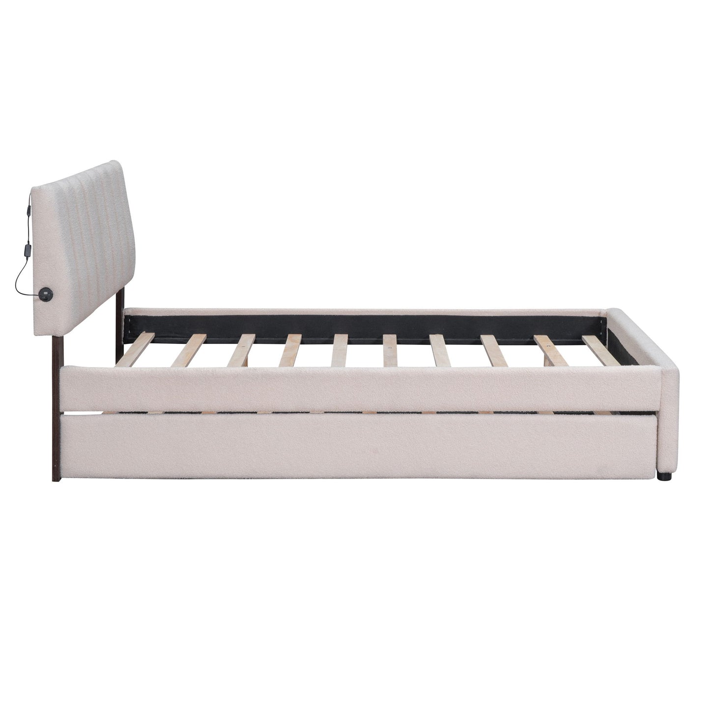 Full Size Upholstered Platform Bed With Twin Size Trundle - Beige