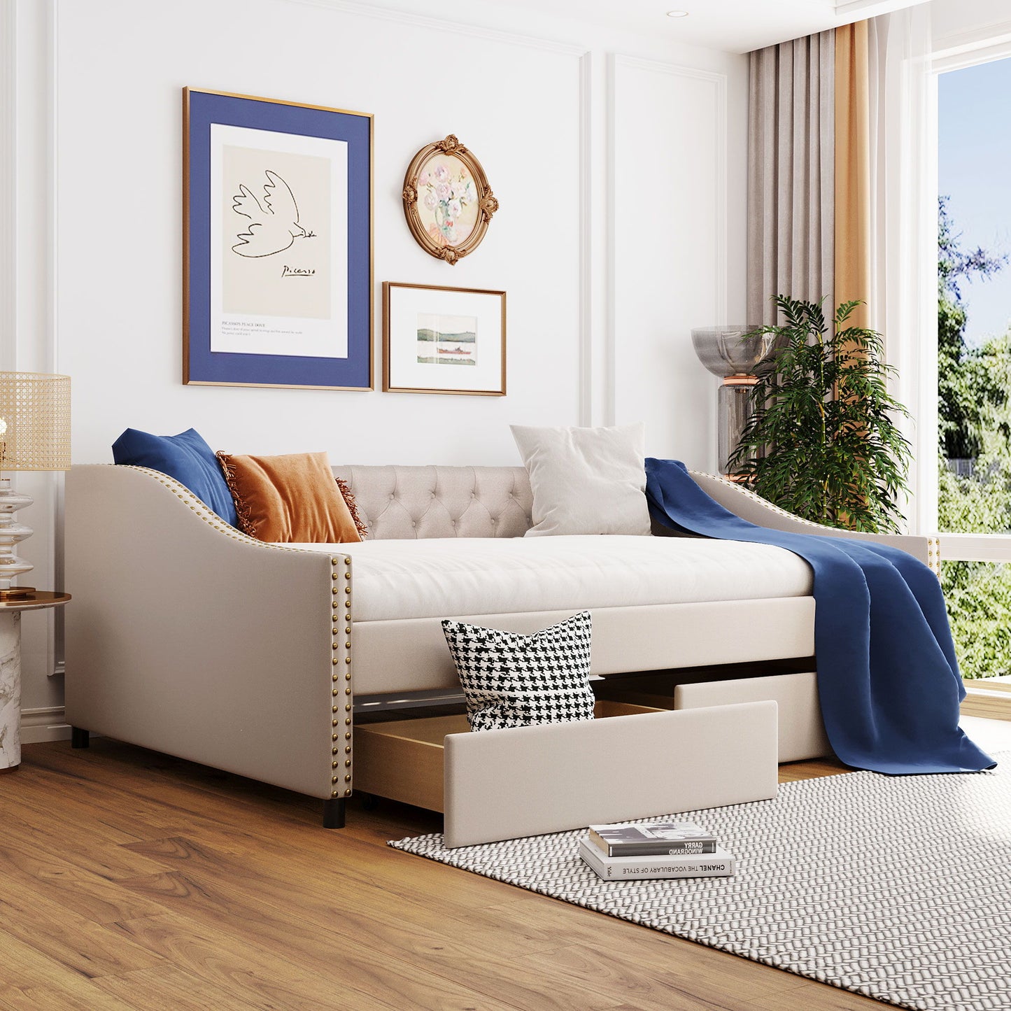 Full Size Upholstered Daybed With Two Drawers, Slat Support - Beige