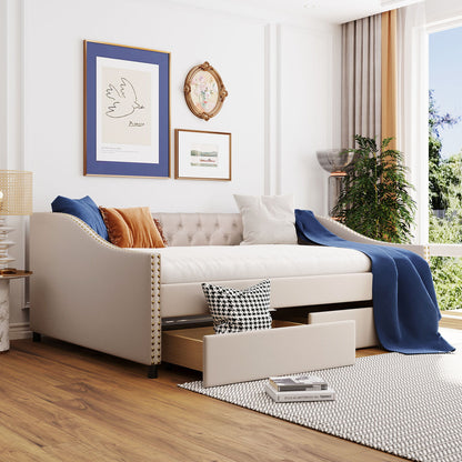 Full Size Upholstered Daybed With Two Drawers, Slat Support - Beige