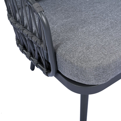 4 Piece Outdoor Patio Furniture Set, Metal Chairs With Woven Rope U Shaped Backrest, Outdoor Conversation Set With Thick Cushions And Coffee Table For Garden, Poolside, Balcony - Black / Gray
