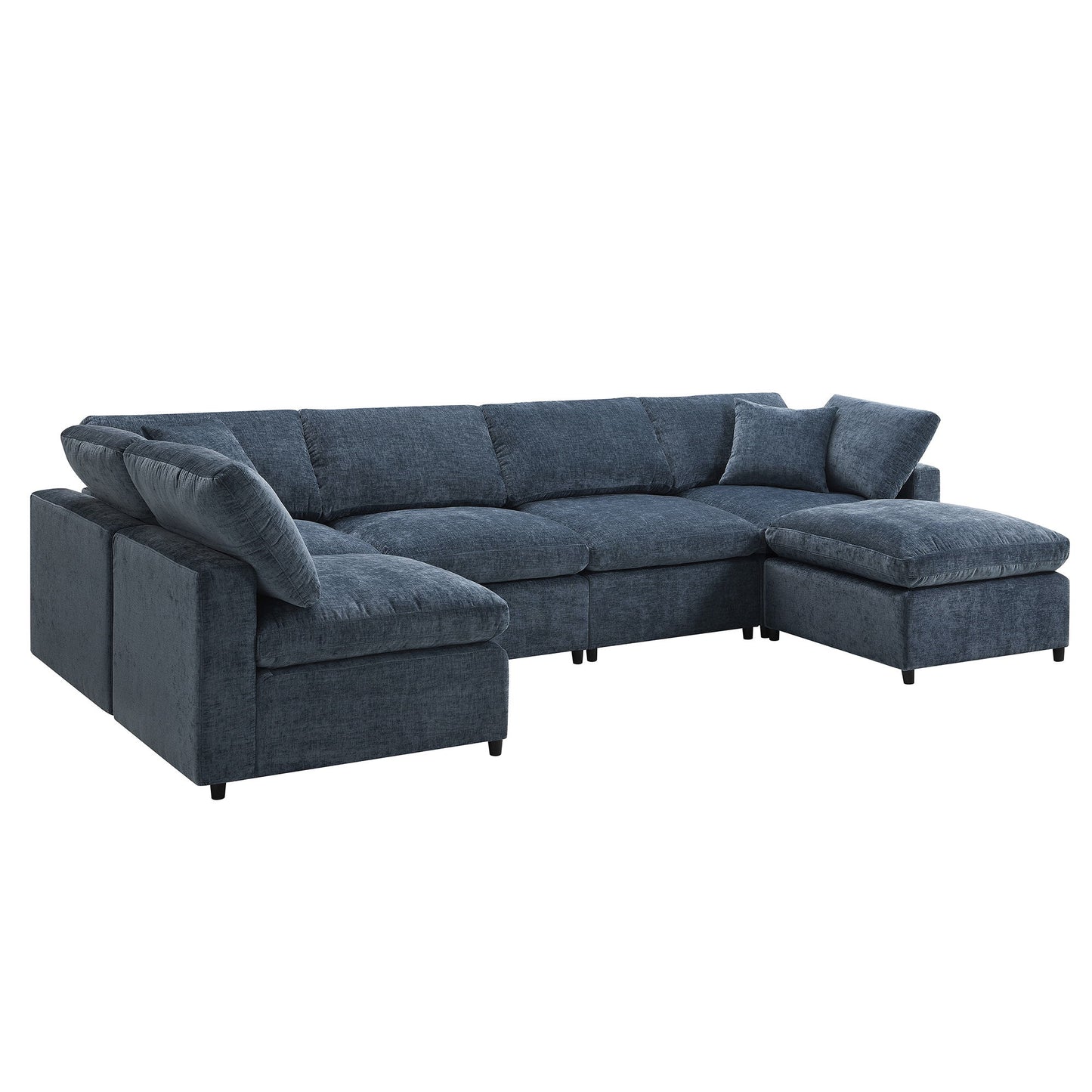 Modern Modular Cloud Sofa Bed, 6 Seat Chenille Sectional Couch Set With Ottoman, Free Combination, Convertible U Shaped Sleeper Sofa - Dark Blue