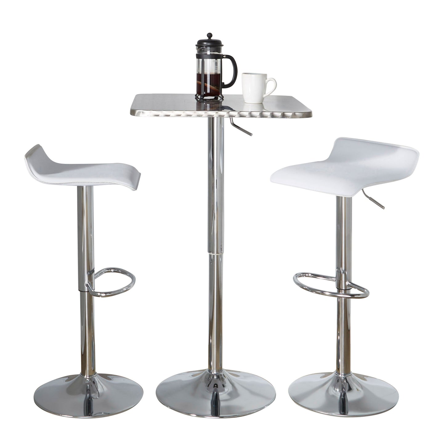Ale - 3 Piece Bar Set Bistro Square Contemporary Adjustable Oval Footrest - Silver / Chrome / White