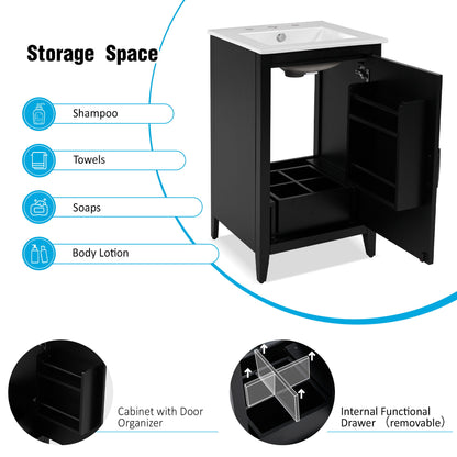 Modern Freestanding 20.3" Bathroom Vanity With Sink, Functional Drawer, Soft Closing Door - Black
