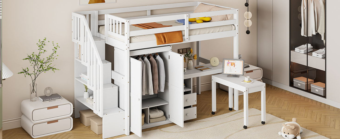 Twin Size Loft Bed With Stairs, Bookshelf, Drawers, Desk & Wardrobe, Space Saving Multifunctional Furniture - White