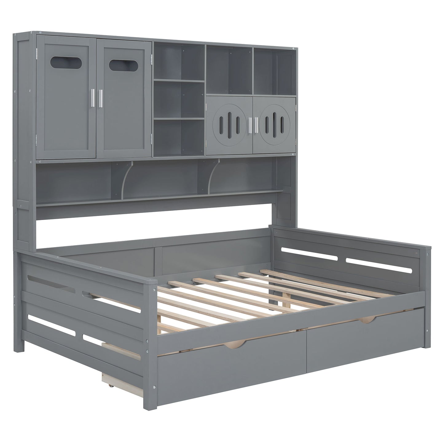 Full Size Daybed With 2 Drawers And All In One Cabinet And Shelf - Gray