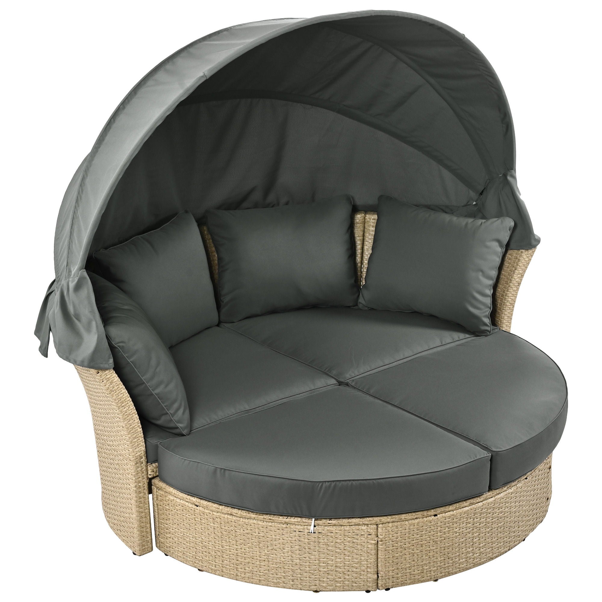 Outdoor Patio Daybed Wicker Rattan Double Daybed Round Sofa Furniture Set With Retractable Canopy, 4 Pillows For Lawn Garden Backyard Porch Pool - Gray