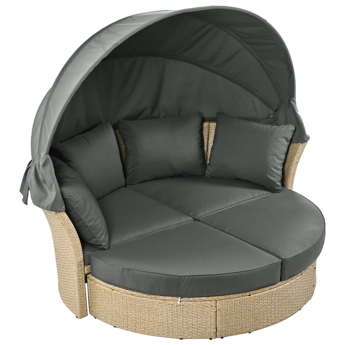 Outdoor Patio Daybed Wicker Rattan Double Daybed Round Sofa Furniture Set With Retractable Canopy, 4 Pillows For Lawn Garden Backyard Porch Pool - Gray