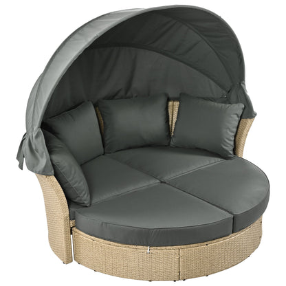 Outdoor Patio Daybed Wicker Rattan Double Daybed Round Sofa Furniture Set With Retractable Canopy, 4 Pillows For Lawn Garden Backyard Porch Pool - Gray