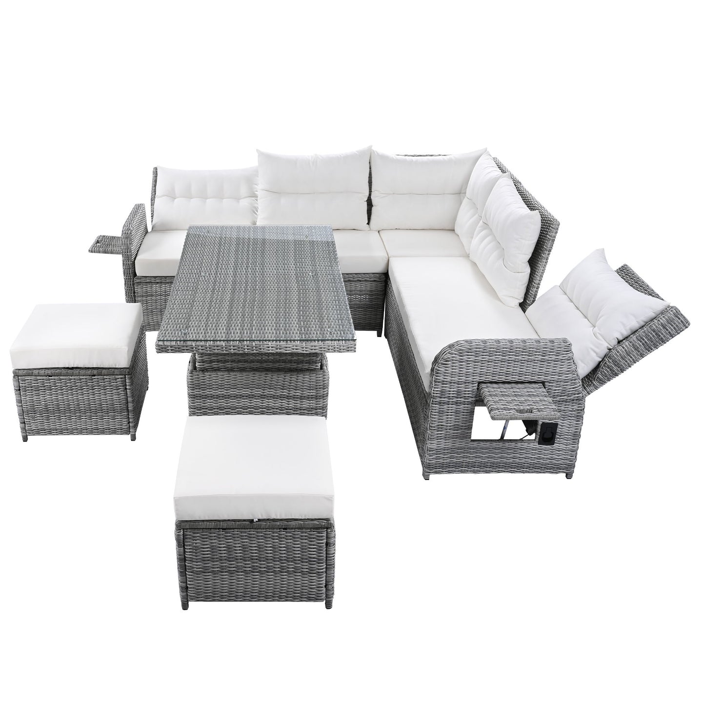 Outdoor Furniture Set Patio Rattan Furniture Set With An Adjustable Table, Recliners With Extendable Side Tables, And 2 Ottomans For Patio, Lawn, Backyard, Pool - Beige
