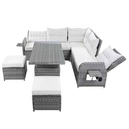 Outdoor Furniture Set Patio Rattan Furniture Set With An Adjustable Table, Recliners With Extendable Side Tables, And 2 Ottomans For Patio, Lawn, Backyard, Pool - Beige