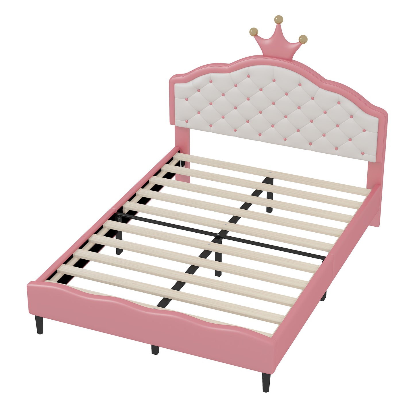 Full Size Lovely Crown Fantasy Leather Princess Bed With Tufted Headboard - Pink / Cream