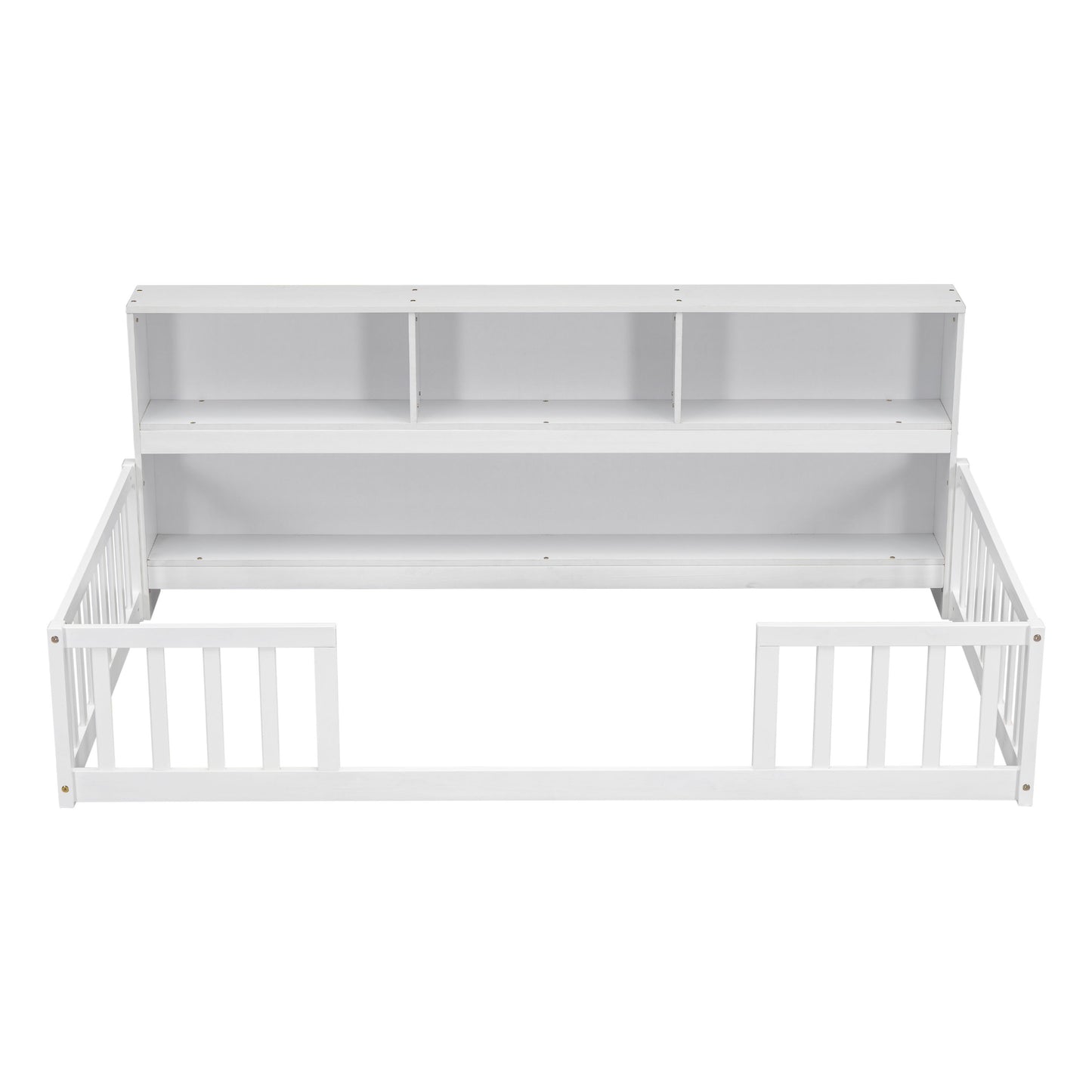 Twin Floor Bed With Bedside Bookcase, Shelves, Guardrails - White