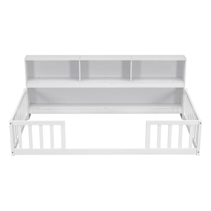 Twin Floor Bed With Bedside Bookcase, Shelves, Guardrails - White