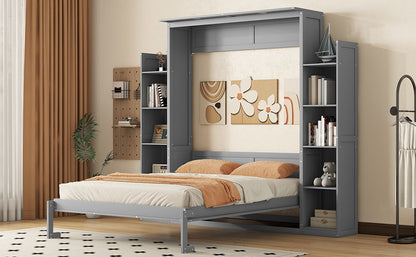 Queen Size Murphy Wall Bed With Shelves And LED Lights - Gray