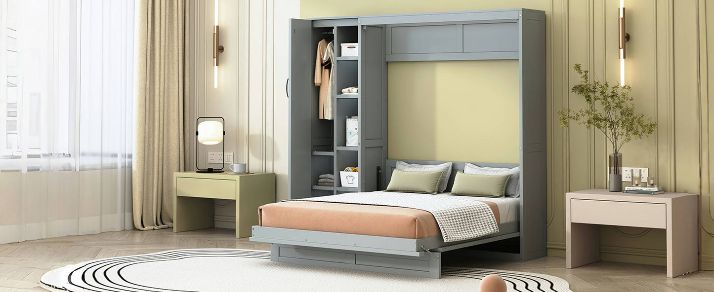 Full Size Murphy Wall Bed With Shelves, Wardrobe And LED Lights - Gray