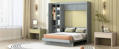 Full Size Murphy Wall Bed With Shelves, Wardrobe And LED Lights - Gray