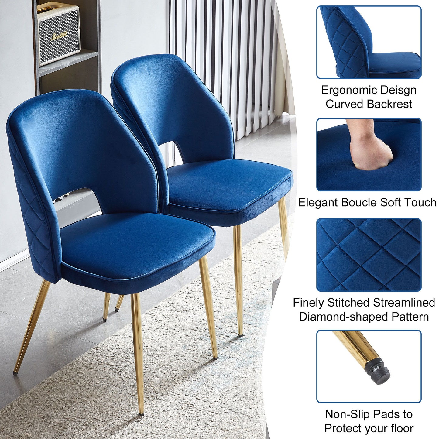 Velvet Dining Chairs With Metal Legs And Hollow Back Upholstered Dining Chairs (Set of 4) - Blue